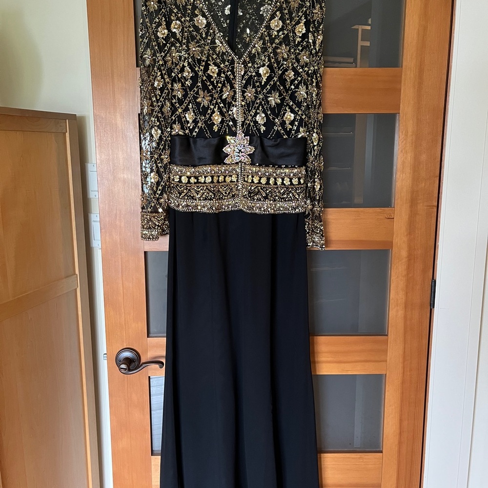 Terani Couture Black and Gold Long Sleeve Dress